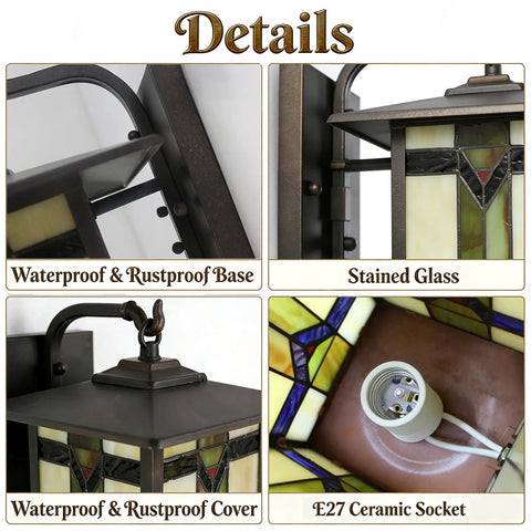 Close-up details of Vintage Tiffany Style Outdoor Wall Light With Stained Glass Shade showcasing base, cover, and E27 socket.