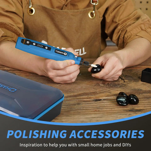 Mini Cordless Rotary Tool 5 Speed Rechargeable Heavy Lifter With 129 Rugged Accessories For Carving Grinding Sanding And Custom Projects Zero Fuss Lightweight Kit With Fast Type C Charge in use for polishing a black object.