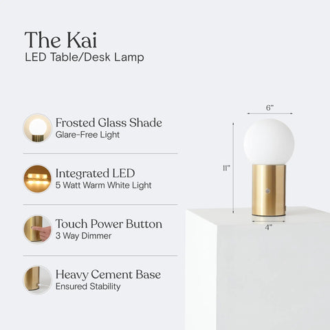 Kai LED Table Lamp With USB Port Tiny Bedside Reading Modern Desk Lamp Nightstand Light With Ambient Glow Vibe For Bedroom Living Room And Office Brass Finish Globe Shade
