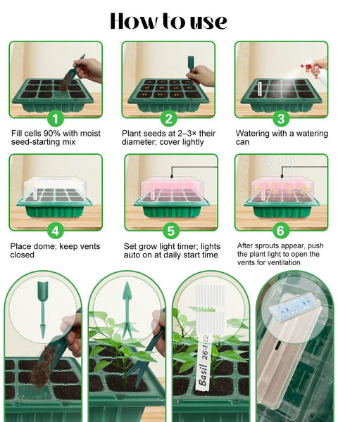 Instructions on using All In One Seed Starter Kit With Dual Grow Lights 2x24 LED Full Spectrum For Indoor Seedlings, including steps and tools.