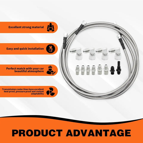70 Inch Braided 6AN Transmission Cooler Hose Kit For TR6060 C5 C6 AOD 4L60E 4L80E TH350 TH400 700R4 2004R with fittings and advantages