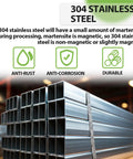 304 stainless steel bars with anti-rust, anti-corrosion, and durability icons, promoting material quality features