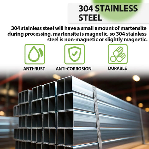 304 stainless steel bars with anti-rust, anti-corrosion, and durability icons, promoting material quality features