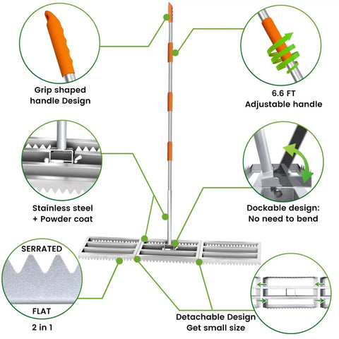 Diagram of 2-In-1 Lawn Leveling Rake with Flat and Serrated Sides, 48-Inch Heavy-Duty Stainless Steel, featuring adjustable features