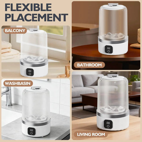 Hella Portable Compact Mini Washer For Underwear Gym Gear And Delicate Threads On The Road Or In Small Spaces Featuring Rechargeable Battery And Agitating Spin Cycle Made For Dorm Apartment RV Camper Life And Super Easy Cleanup in various placements: balcony, bathroom, washbasin, living room.