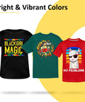 Three colorful T-shirts with vibrant prints, made using 20 Sheets Heat Transfer Paper For T Shirts 8.5 By 11 Inches Printable Transfer Vinyl.