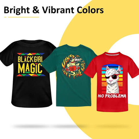 Three colorful T-shirts with vibrant prints, made using 20 Sheets Heat Transfer Paper For T Shirts 8.5 By 11 Inches Printable Transfer Vinyl.