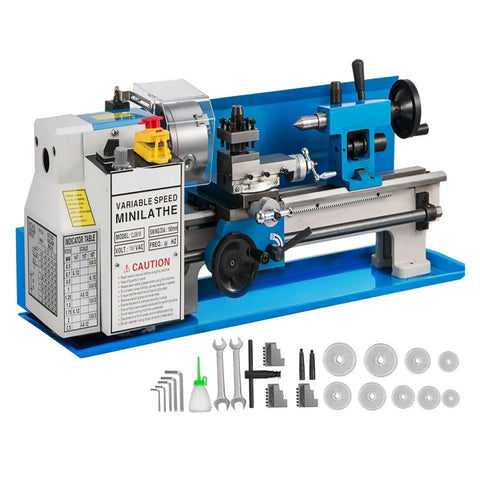 Cj0618 Mini Metal Lathe Machine 7x14 Inch 550W Variable Speed 0-2250Rpm with nylon gear and included accessories.