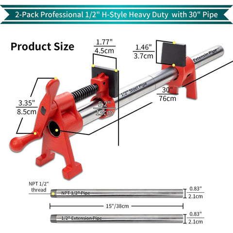 Half Inch Wood Gluing Pipe Clamps Set With 30 Inch Metal Pipe 2 Pack Beefy Heavy Duty Cast Iron H Style Pipe Clamp Fixture Kit, dimensions illustrated.