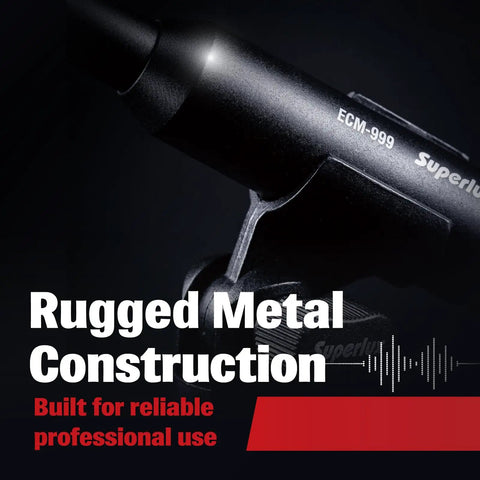 Close-up of ECM999 Measurement Microphone showing rugged metal build and mount.
