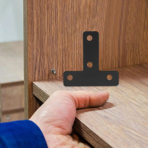 Black Stainless Steel T Shape Flat Angle Brackets With Countersunk Screw Holes For Chairs And Tables mounted on wooden furniture