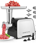 Electric Meat Grinder With Stainless Steel Sausage Stuffer Kit, 2 Blades, 3 Plates, Kubbe Kit, 2000W Max displayed with meat and accessories