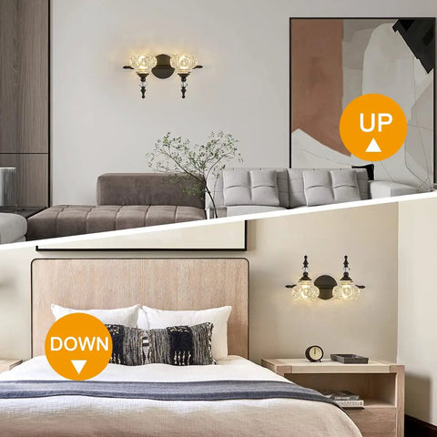 2 Light Dope Vintage Crystal Vanity Lights Wall Sconces in black finish, shown installed in living room and bedroom settings.
