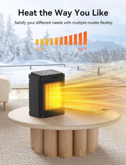 Hella Powerful 1500W PTC Ceramic Space Heater With 4 Modes And Quick Heat 24H Timer Thermostat on a stylish table in a cozy room.