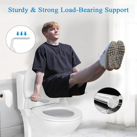 Toilet Safety Rails For Seniors Featuring Sturdy Grab Bars And No Sweat Install For Handicap Bathroom Aid And Reliable Standing Support Without Any Fuss Or Delay, user demonstrating grab bars on toilet.