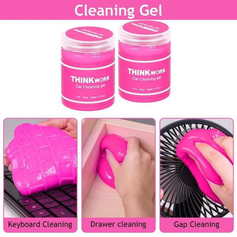 Pink Car Interior Detailing Kit With 17 Piece Pro Grade Brush Set including cleaning gel shown on keyboard, drawer, fan blades.