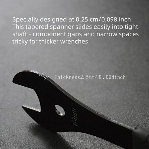 Ultra Slim Bike Cone Wrench Set For Tight Hub Gaps Cone Spanner Tool Kit close-up of 0.098 inch thickness spanner.