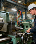Badass Knurled Thumb Nuts M10 X 50mm Black clamping fasteners on CNC machine being adjusted by a worker with safety gear.