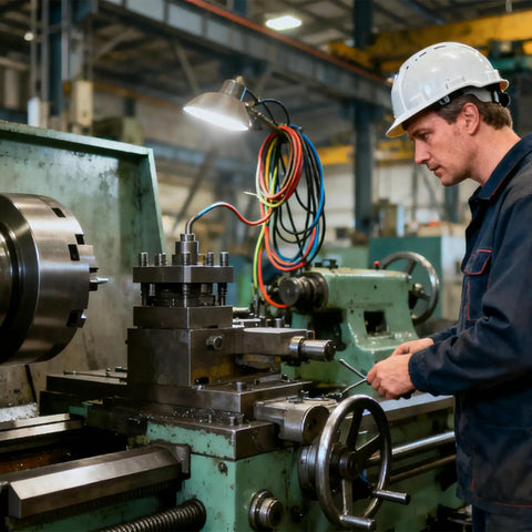 Badass Knurled Thumb Nuts M10 X 50mm Black clamping fasteners on CNC machine being adjusted by a worker with safety gear.