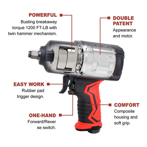 Heavy Duty Half Inch Pneumatic Impact Wrench With Twin Hammer For Auto Repair And Tire Shops, 1200 Ft Lbs Max Torque, 7000 RPM