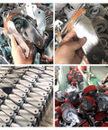 Heavy Duty Cast Iron Swivel Caster Wheels 4 Pack With Locking Brakes being inspected with shiny stainless steel mounts.