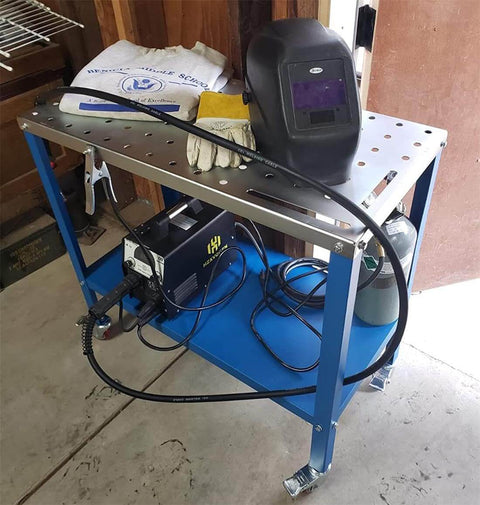 Rust Free 36 By 18 Inch Welding Table With 1200 Pound Load Capacity, Universal Work Cart With Five Eighth Inch Holes, tools setup