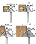 Top Shelf 4 Piece Bearing Guided Router Bit Set For Knockout Cabinet Millwork and Furniture Trimming Featuring Crisp Ovollo Profiles and Slick Double Ribbed Edges. Dimensions shown for precision.