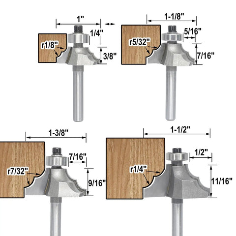 Top Shelf 4 Piece Bearing Guided Router Bit Set For Knockout Cabinet Millwork and Furniture Trimming Featuring Crisp Ovollo Profiles and Slick Double Ribbed Edges. Dimensions shown for precision.