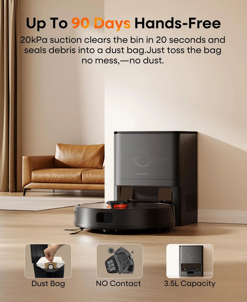 Robot Vacuum And Mop Combo With Self Emptying Station And 7000Pa Suction LiDAR Navigation in living room near couch