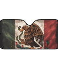 Solid Mexican Flag Windshield Sun Shade Universal Fit Car Sun Visor blocking intense UV rays, size 57x27 inches, foldable design.