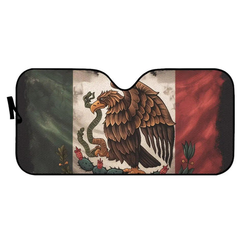 Solid Mexican Flag Windshield Sun Shade Universal Fit Car Sun Visor blocking intense UV rays, size 57x27 inches, foldable design.