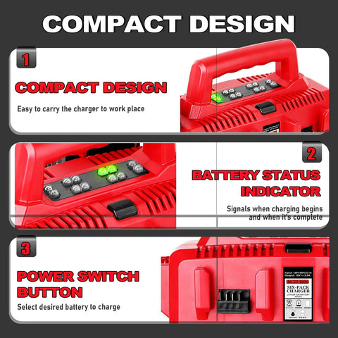 Six Port Fast Charger for M18 Batteries Replacement Battery Charger With Six Charging Ports And Led Indicators Handy Carry Handle Supports 48 59 1806 And 48 11 Series M18 Packs with compact design and LED status indicators.