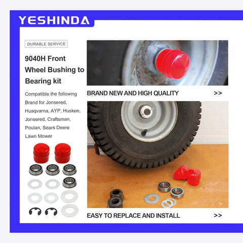 Beefed Up Front Wheel Bearing Conversion Kit For Lawn Tractors And Mowers Replaces 532009040 shown with components