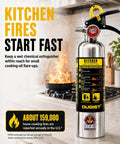 Class K Kitchen Fire Extinguisher Built For Fast Grease Cooking Flare Ups, Two Pack Of 34 Fl Oz Wet Chemical Sprayers highlighted next to flames.