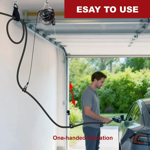 Universal Ev Charger Cable Retractor Features Slick Garage Cord Organizer For Level 2 Wall Or Ceiling Mount with user demonstrating operation.