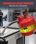 Heavy Duty Galvanized Steel Gasoline Safety Can With Slick Squeeze Lever And Zero Stress Flow Control For Rough Job Site Transfers And Mechanic Bay Runs In Bold Red, pouring into a generator.