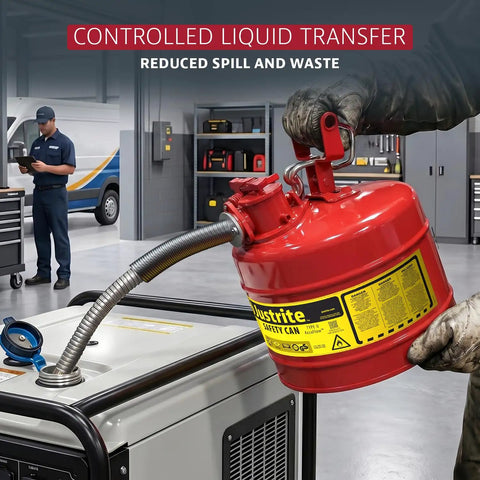 Heavy Duty Galvanized Steel Gasoline Safety Can With Slick Squeeze Lever And Zero Stress Flow Control For Rough Job Site Transfers And Mechanic Bay Runs In Bold Red, pouring into a generator.