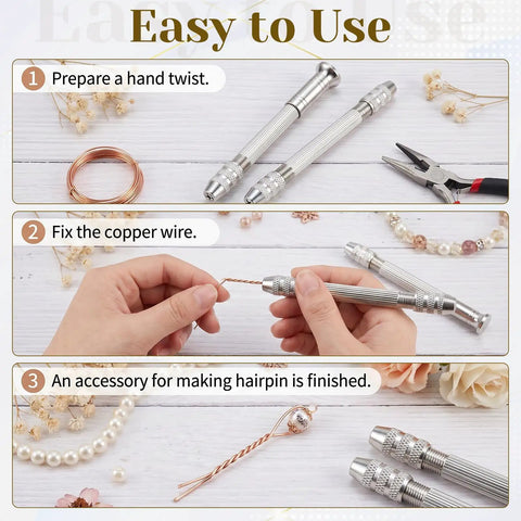Top Shelf 3 Piece Pin Vise Set Featuring Double Ended Hand Drills With Solid Brass Chucks shown in use for wire twisting jewelry projects.