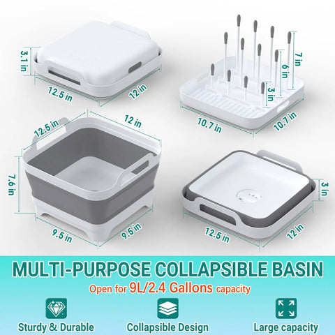Collapsible Baby Bottle Wash Basin With Built In Drying Rack Two Point Four Gallon Foldable Dish Tub With Sturdy Handles shown open and closed
