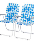 Set Of 2 Portable Folding Lawn Chairs For Patio Or Beach Use, webbed blue seats, heavy duty metal frame, anti slip feet