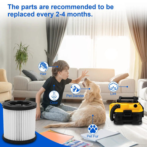 Living room with boy and dog, Pro Grade Washable Vacuum Filter Set Four Pack For 20V Dry And Wet Vacuums DCV580H DCV581H visible