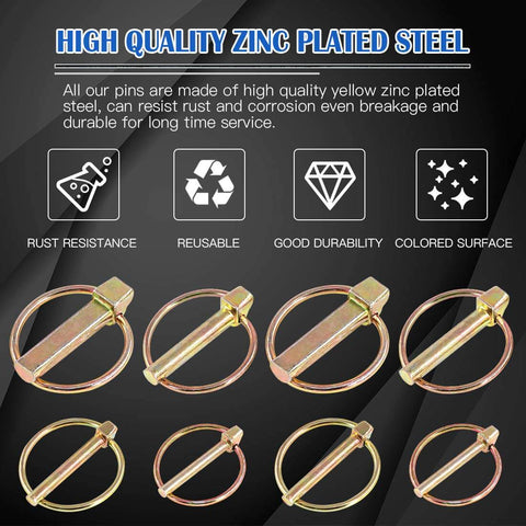 High quality zinc plated steel pins; rust resistant, reusable, durable, with colored surface; part of Heavy Duty Lynch Pin Assortment Kit