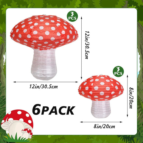 Forest Theme Mushroom Shaped Paper Lanterns Set, 6 Pack Hanging Lanterns With 3 Large 12 Inch And 3 Small 8 Inch shown in red design