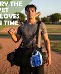 Baseball player with Two Pack Adjustable Baseball Glove Clips for Hanging Gear on black bag.