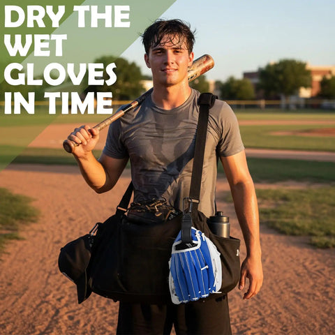 Baseball player with Two Pack Adjustable Baseball Glove Clips for Hanging Gear on black bag.
