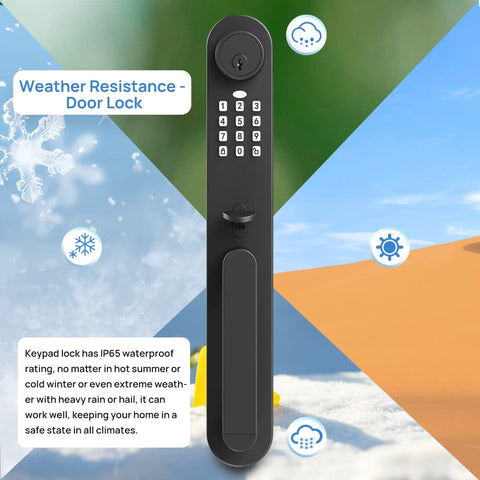 Keyless Entry Door Knob Set Matte Black For Exterior Front Door Reversible For Left Or Right Hand Includes Keyless Passcode Auto Lock 5 Inch Center To Center Durable Exterior Door Lock Handle highlighting weather resistance features and keypad.