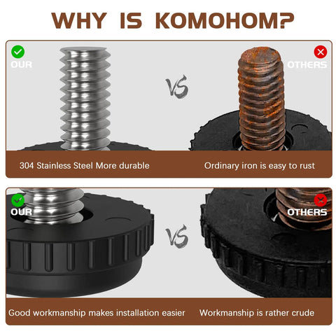 Comparison of 304 stainless steel leveling feet versus ordinary iron, highlighting durability and workmanship for tables and chairs.