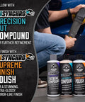 Person using Insynchro Supreme Extreme Compound Ultra Heavy Cut For Deep Scratches, Swirls, And Severe Oxidation on car.