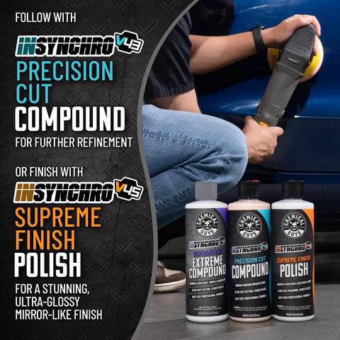 Person using Insynchro Supreme Extreme Compound Ultra Heavy Cut For Deep Scratches, Swirls, And Severe Oxidation on car.