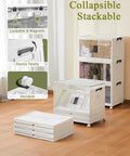 Collapsible stackable storage bins with locking lids, showcasing a white plastic 3-pack for easy organization and mobility.